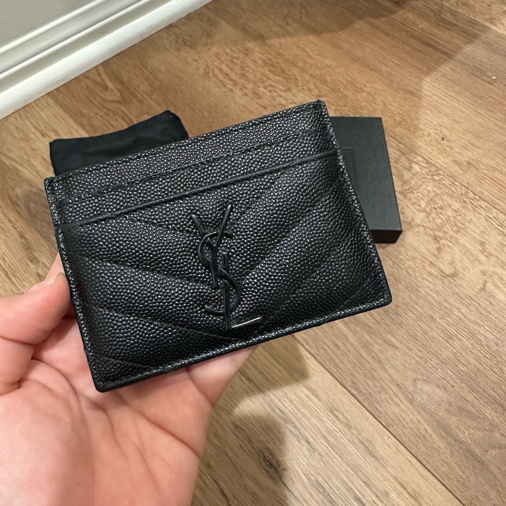 YSL Saint Laurent Monogram Textured Leather Card Case Wallet Black